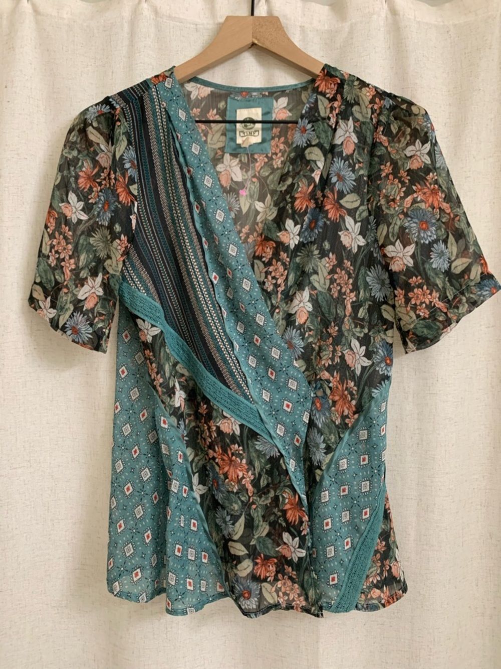 Anthropology Tiny Lovely Floral Patchwork Teal Short Sleeve Wrap Top Small Sheer